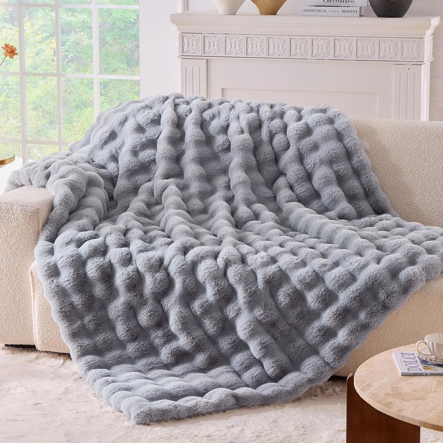 BENVWE Faux Fur Throw Blanket for Couch - Cozy Plush Fluffy Soft Thick Bubble Blanket for Living Room Home Decor - Mothers Day Birthday Gifts for Women, Cream White, 51" x 63"