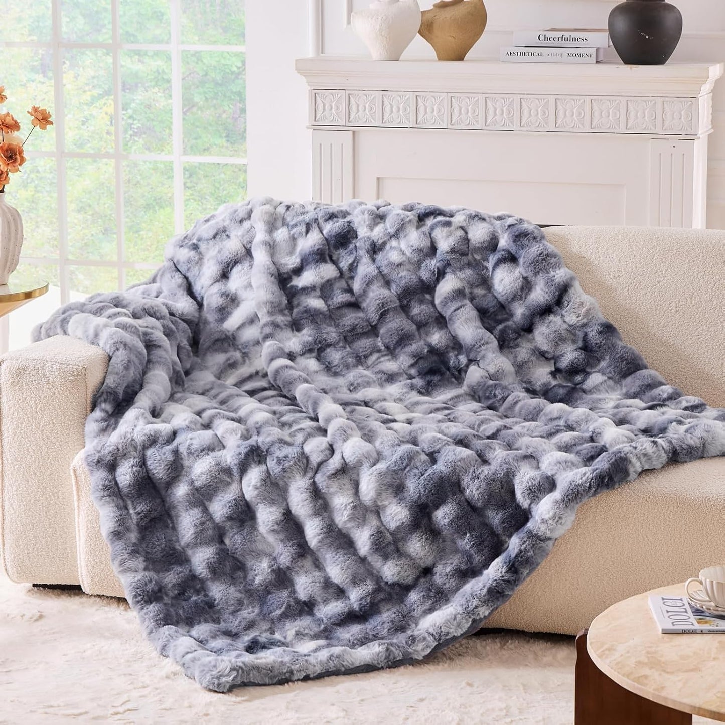 BENVWE Faux Fur Throw Blanket for Couch - Cozy Plush Fluffy Soft Thick Bubble Blanket for Living Room Home Decor - Mothers Day Birthday Gifts for Women, Cream White, 51" x 63"
