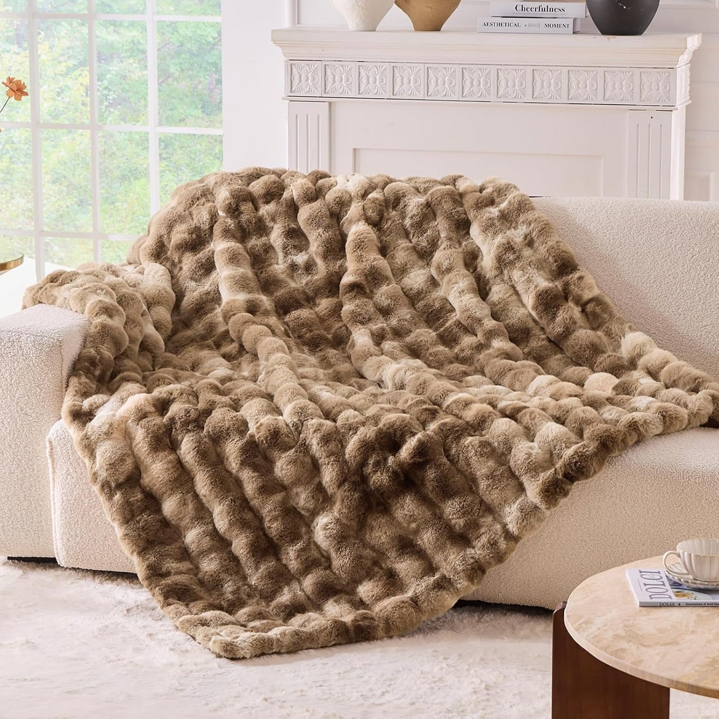 BENVWE Faux Fur Throw Blanket for Couch - Cozy Plush Fluffy Soft Thick Bubble Blanket for Living Room Home Decor - Mothers Day Birthday Gifts for Women, Cream White, 51" x 63"