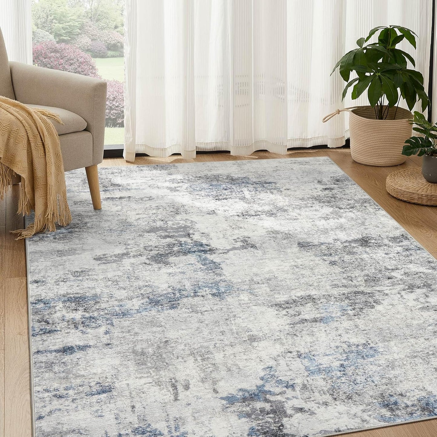 Living Room Area Rugs - 6x9 Abstract Large Soft Indoor Washable Rug Neutral Modern Low Pile Carpet for Bedroom Dining Room Farmhouse Home Office - Grey Blue