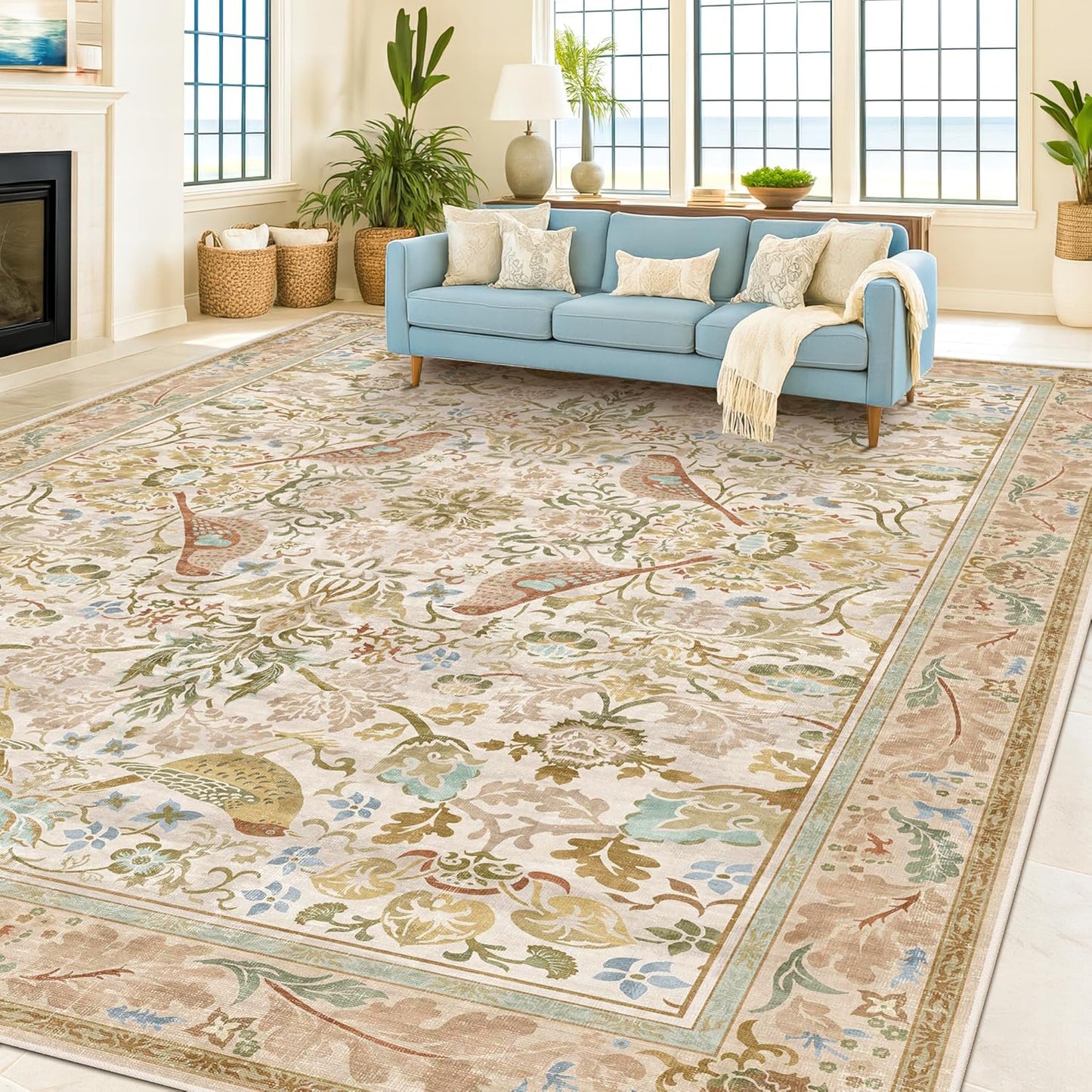 Washable Area Rugs 5x8 for Bedroom - Western Plant Rugs for Living Room, Dinning Room, Home Office, Playroom with Boho Light Green Botanical & Bird Pattern, Non Slip Stain Resistant Low Pile
