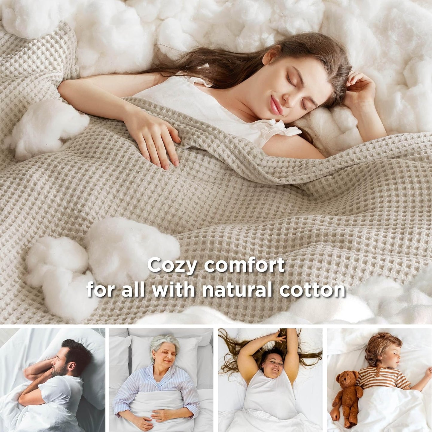 Bedsure 100% Cotton Blanket Queen Size, Waffle Weave Lightweight Summer Blanket for Bed, Knit Woven Thin Breathable Waffle Bedding Decor Gifts for Bedroom, Hotel, Hospital, Linen Beige, 90" x 90"
