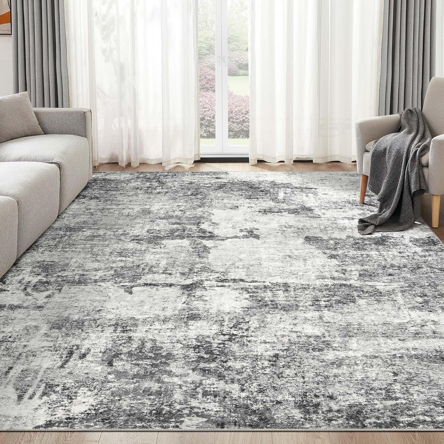 Living Room Area Rugs - 6x9 Abstract Large Soft Indoor Washable Rug Neutral Modern Low Pile Carpet for Bedroom Dining Room Farmhouse Home Office - Grey Blue