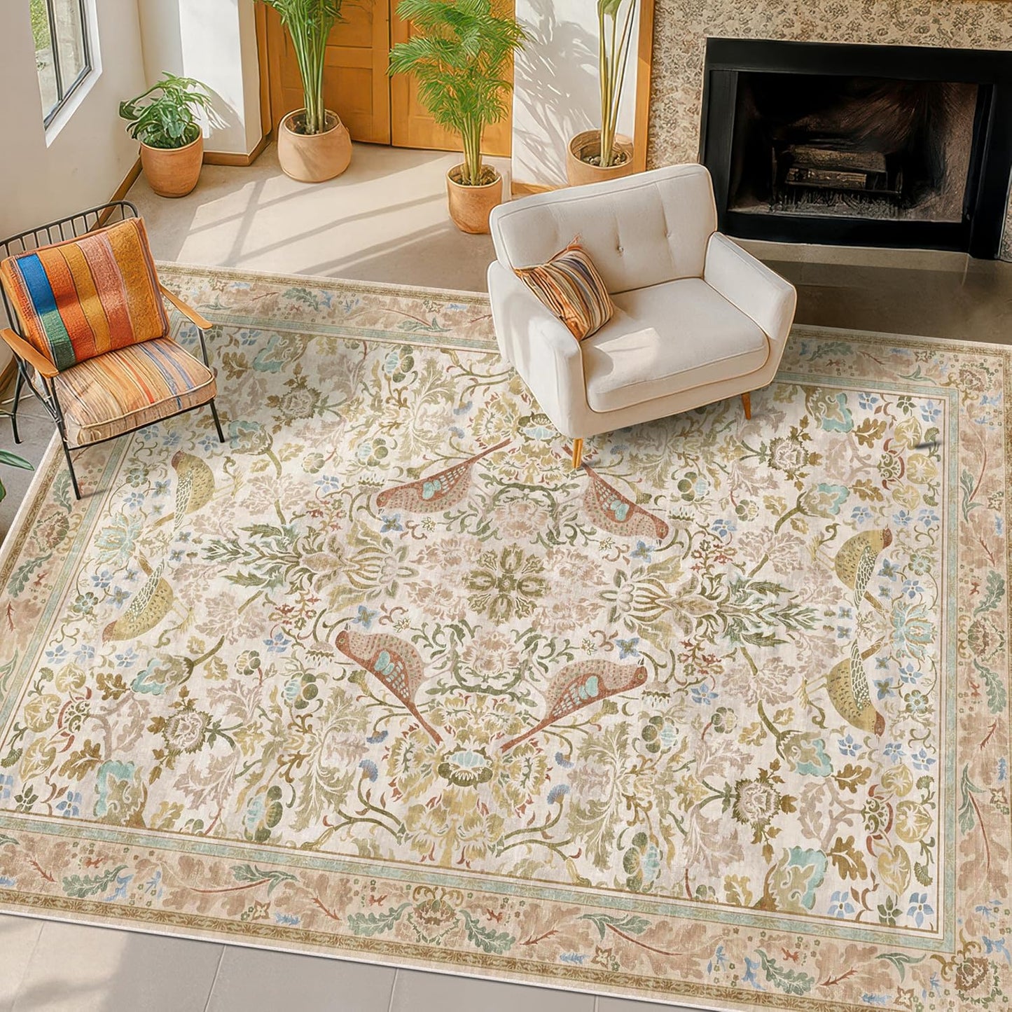 Washable Area Rugs 5x8 for Bedroom - Western Plant Rugs for Living Room, Dinning Room, Home Office, Playroom with Boho Light Green Botanical & Bird Pattern, Non Slip Stain Resistant Low Pile