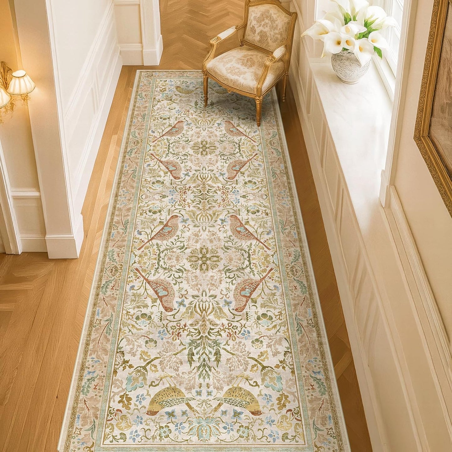 Washable Area Rugs 5x8 for Bedroom - Western Plant Rugs for Living Room, Dinning Room, Home Office, Playroom with Boho Light Green Botanical & Bird Pattern, Non Slip Stain Resistant Low Pile