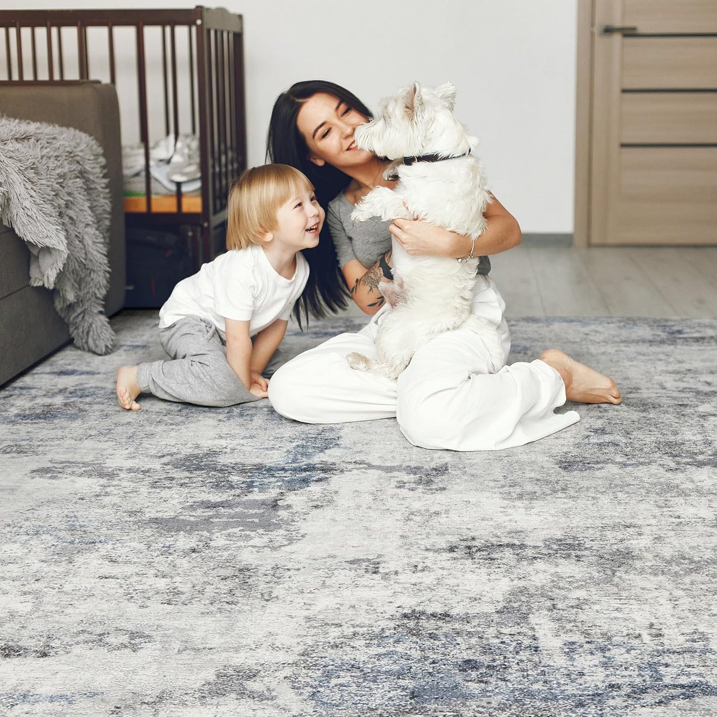 Living Room Area Rugs - 6x9 Abstract Large Soft Indoor Washable Rug Neutral Modern Low Pile Carpet for Bedroom Dining Room Farmhouse Home Office - Grey Blue