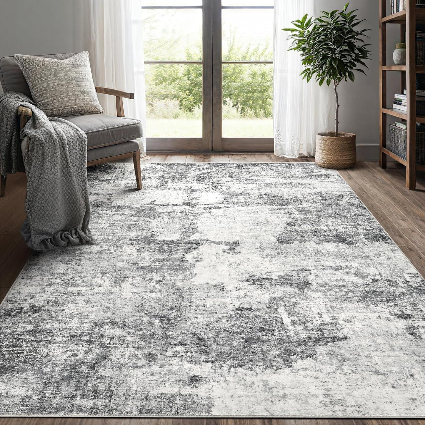 Living Room Area Rugs - 6x9 Abstract Large Soft Indoor Washable Rug Neutral Modern Low Pile Carpet for Bedroom Dining Room Farmhouse Home Office - Grey Blue