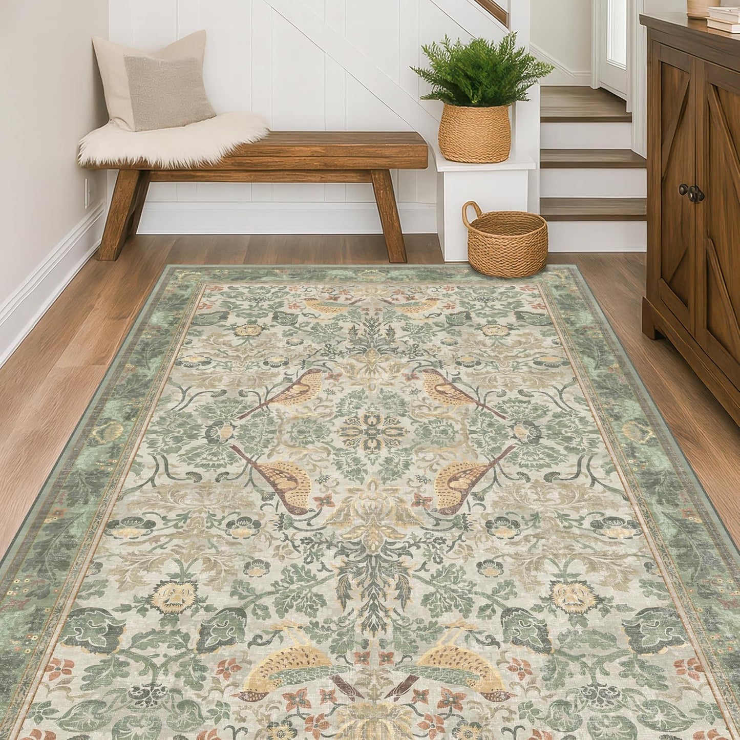 Washable Area Rugs 5x8 for Bedroom - Western Plant Rugs for Living Room, Dinning Room, Home Office, Playroom with Boho Light Green Botanical & Bird Pattern, Non Slip Stain Resistant Low Pile
