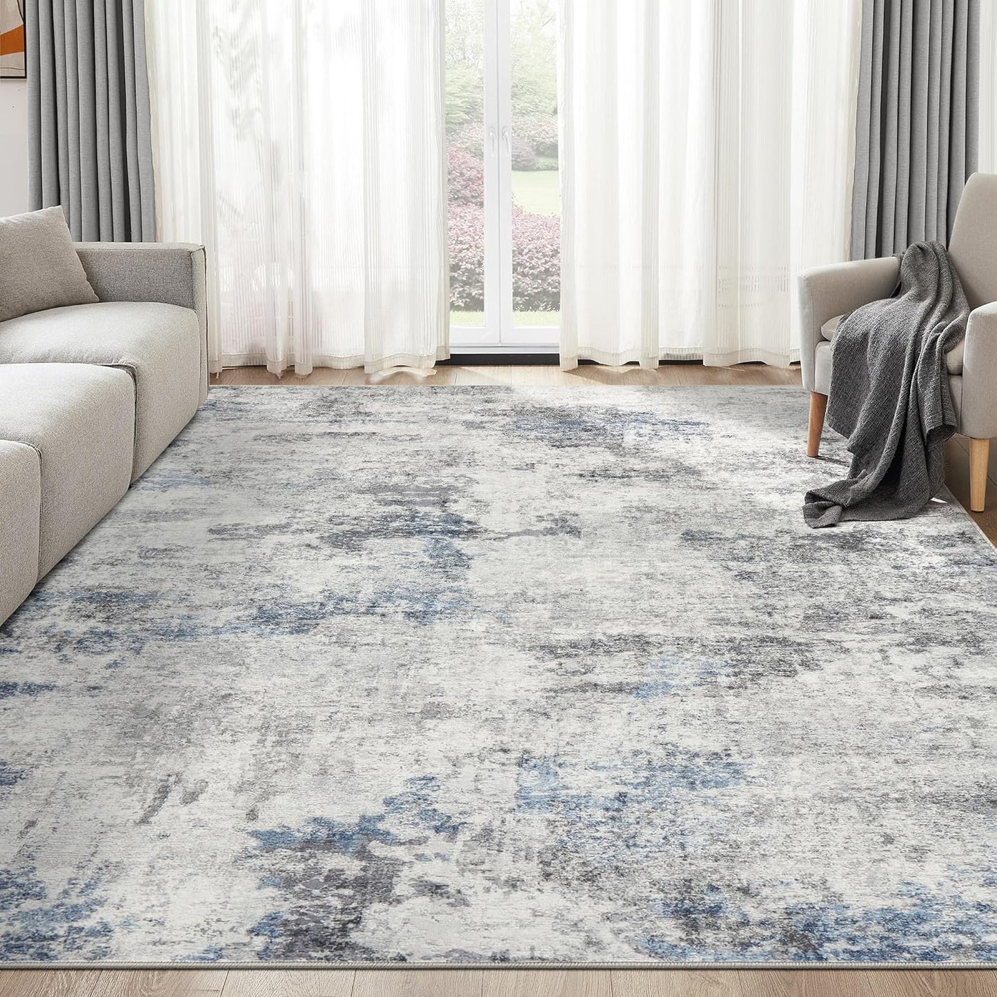 Living Room Area Rugs - 6x9 Abstract Large Soft Indoor Washable Rug Neutral Modern Low Pile Carpet for Bedroom Dining Room Farmhouse Home Office - Grey Blue