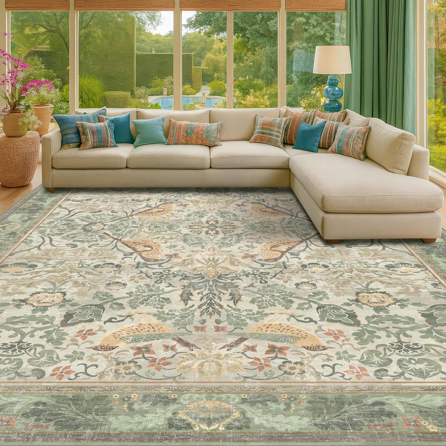 Washable Area Rugs 5x8 for Bedroom - Western Plant Rugs for Living Room, Dinning Room, Home Office, Playroom with Boho Light Green Botanical & Bird Pattern, Non Slip Stain Resistant Low Pile