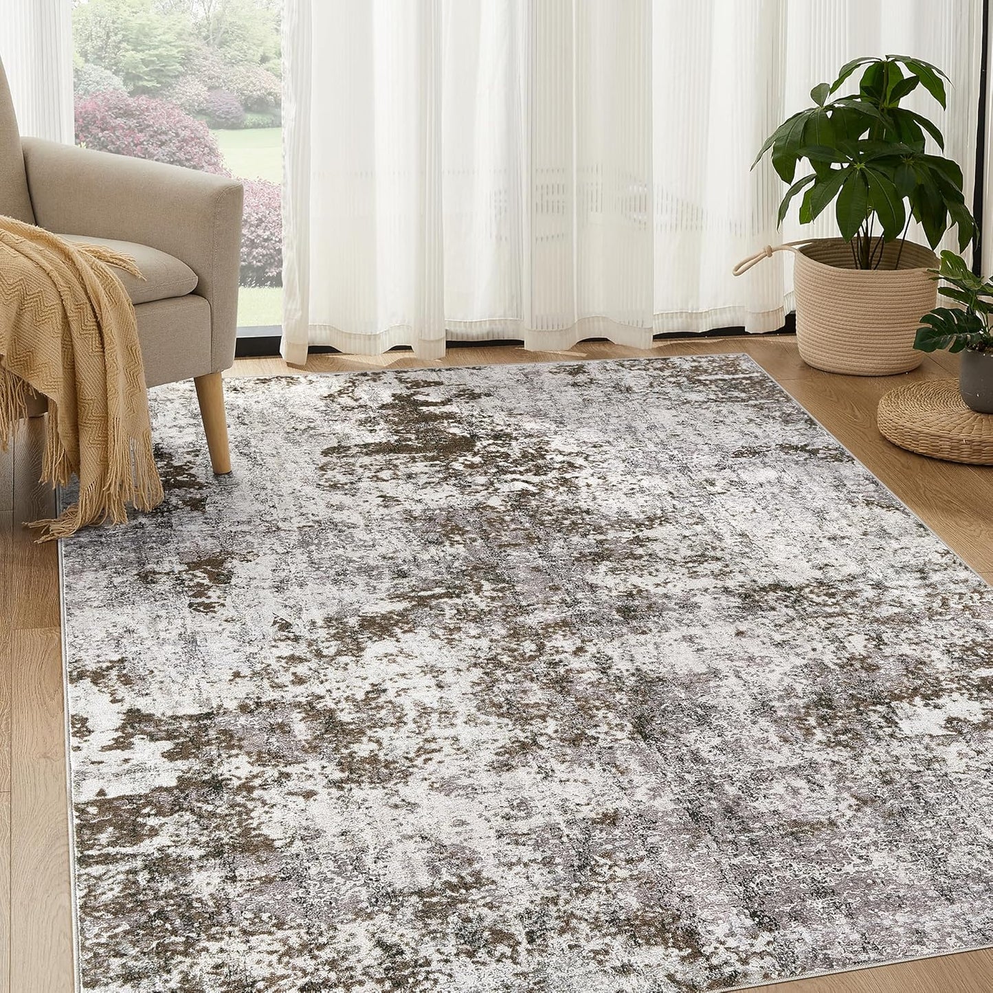 Living Room Area Rugs - 6x9 Abstract Large Soft Indoor Washable Rug Neutral Modern Low Pile Carpet for Bedroom Dining Room Farmhouse Home Office - Grey Blue