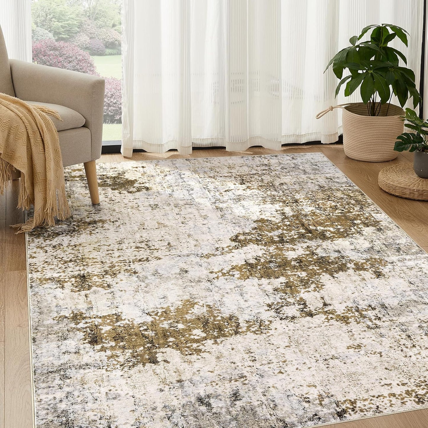 Living Room Area Rugs - 6x9 Abstract Large Soft Indoor Washable Rug Neutral Modern Low Pile Carpet for Bedroom Dining Room Farmhouse Home Office - Grey Blue