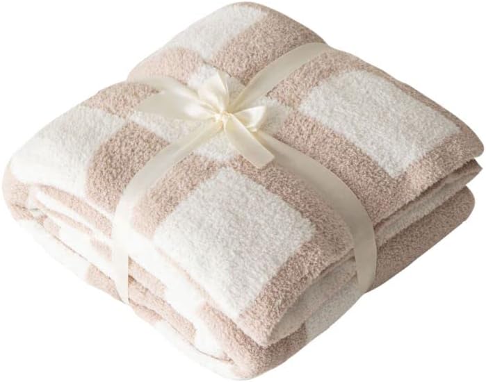 Ultra Soft Cozy Buffalo Checkerboard Grid Fluffy Microfiber Knitted Throw Blanket Lightweight Fleece Checkered Blanket for Sofa Couch Bed Travel Cream 51"X63"
