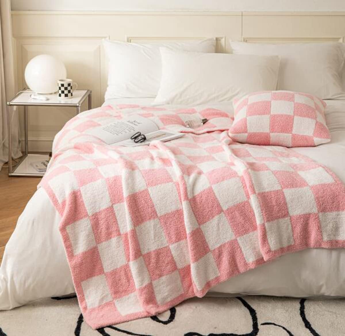 Ultra Soft Cozy Buffalo Checkerboard Grid Fluffy Microfiber Knitted Throw Blanket Lightweight Fleece Checkered Blanket for Sofa Couch Bed Travel Cream 51"X63"
