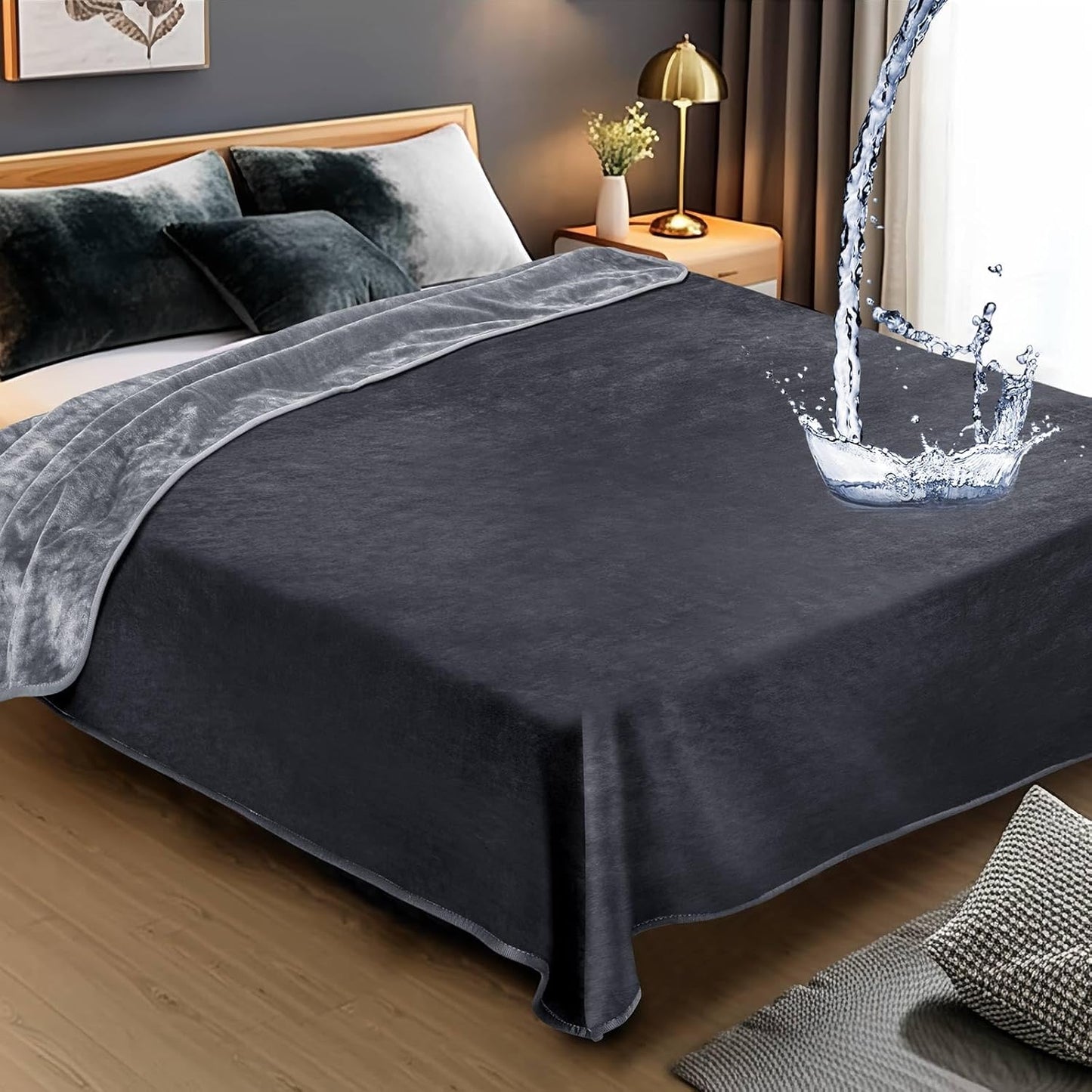 Love Waterproof Dark Gray and Light Gray Bed Blanket 40'' x 60'' with a Storage Bag, Double Sides Flannel Splash 3 Layer Lightweight Throw Size S Blanket Mattress Protector