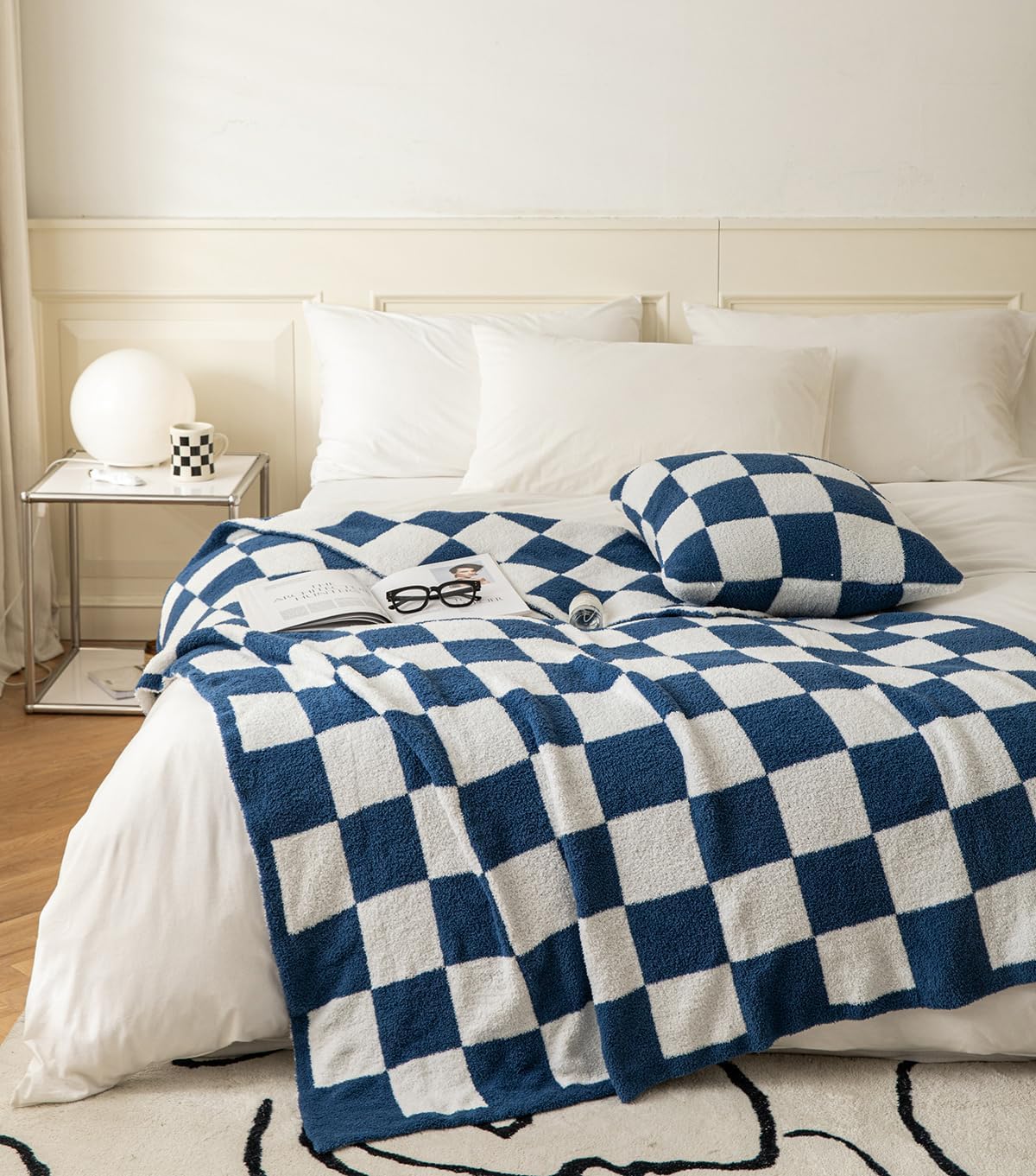 Ultra Soft Cozy Buffalo Checkerboard Grid Fluffy Microfiber Knitted Throw Blanket Lightweight Fleece Checkered Blanket for Sofa Couch Bed Travel Cream 51"X63"