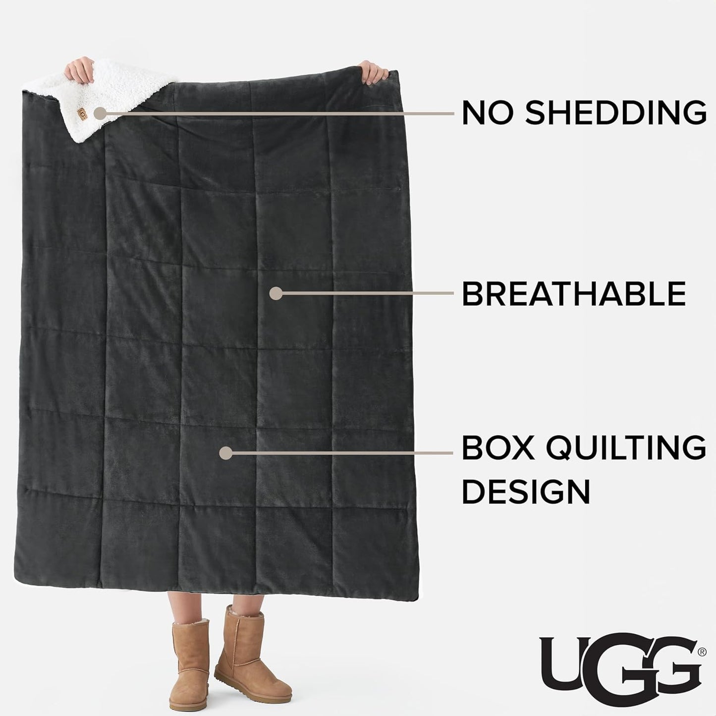 UGG Nita Throw Blanket Soft Reversible Plush Throw for Couch or Bed Washable Warm Fluffy Blanket for College Dorm Essentials and Bedding with Down Alternative Fill, 50-inch x 70-inch, Charcoal Grey