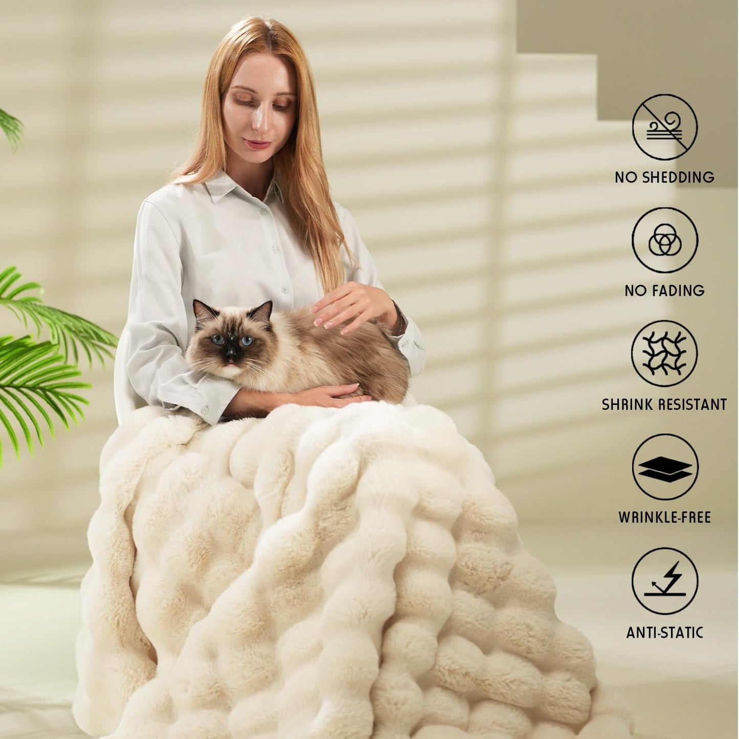 Super Comfort Oversized Warm Thick Bubble Luxury Plush Rabbit Faux Fur Throw Blanket, Fluffy Blanket,Soft Cozy Throw Blanket for Couch Chair Bed Sofa Living Room,White 50'' x 60''