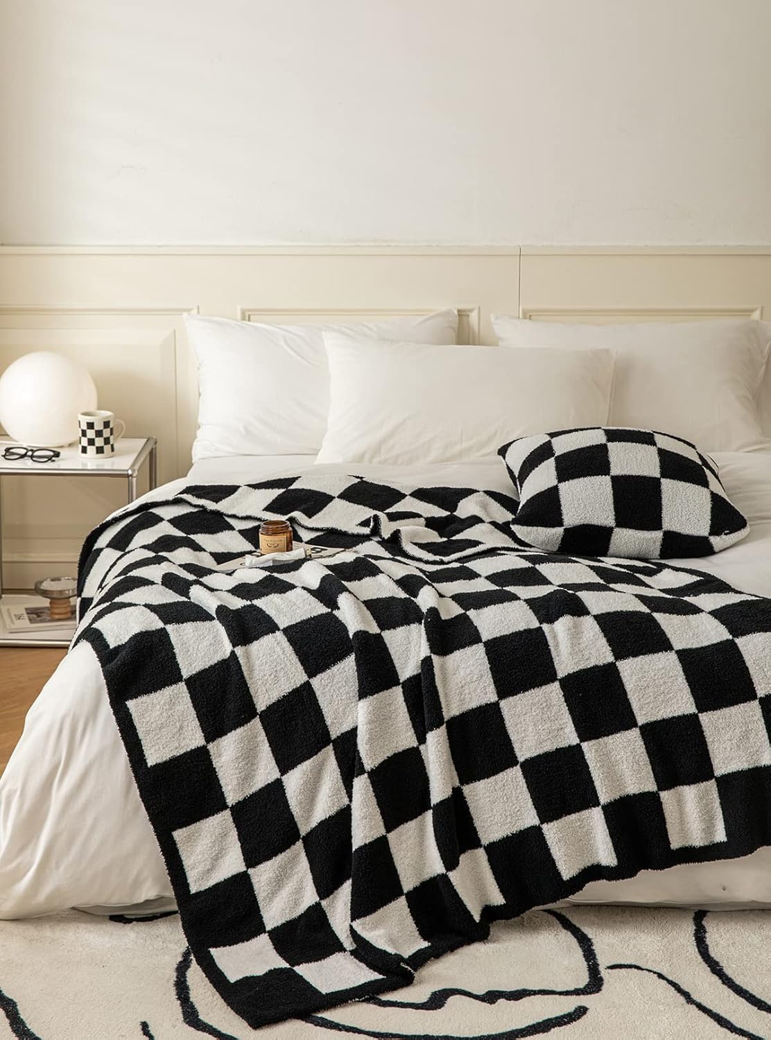 Ultra Soft Cozy Buffalo Checkerboard Grid Fluffy Microfiber Knitted Throw Blanket Lightweight Fleece Checkered Blanket for Sofa Couch Bed Travel Cream 51"X63"