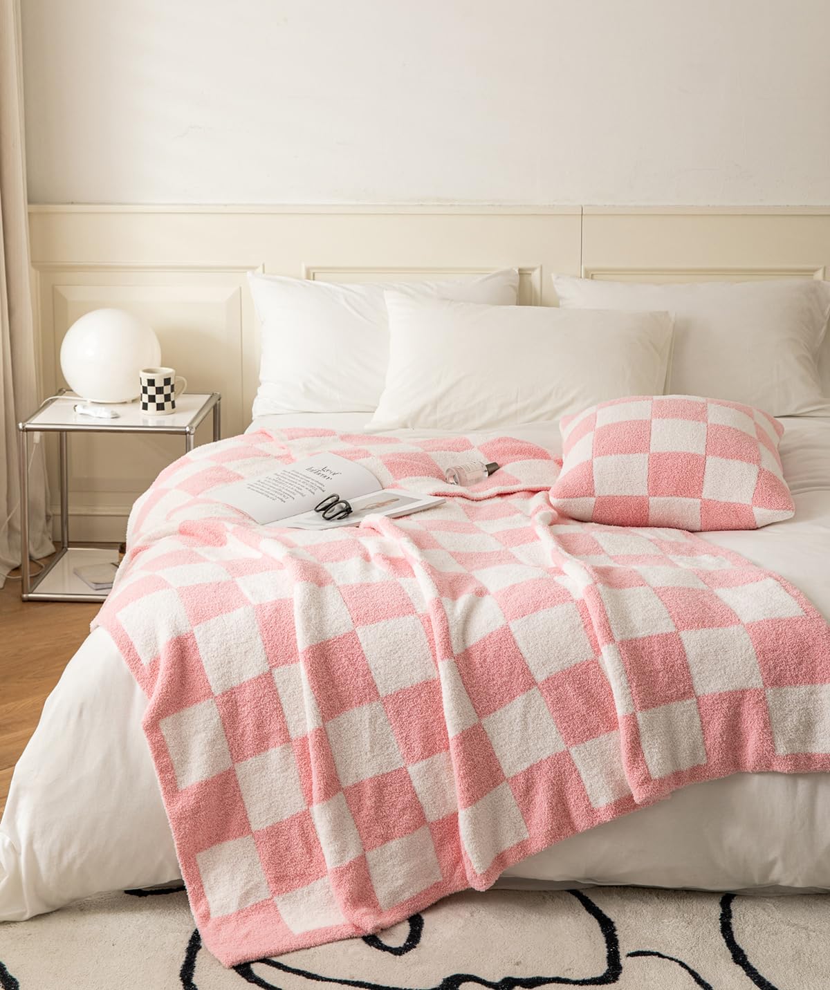 Ultra Soft Cozy Buffalo Checkerboard Grid Fluffy Microfiber Knitted Throw Blanket Lightweight Fleece Checkered Blanket for Sofa Couch Bed Travel Cream 51"X63"