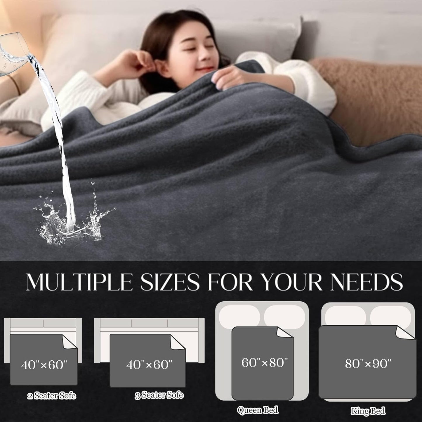 Love Waterproof Dark Gray and Light Gray Bed Blanket 40'' x 60'' with a Storage Bag, Double Sides Flannel Splash 3 Layer Lightweight Throw Size S Blanket Mattress Protector