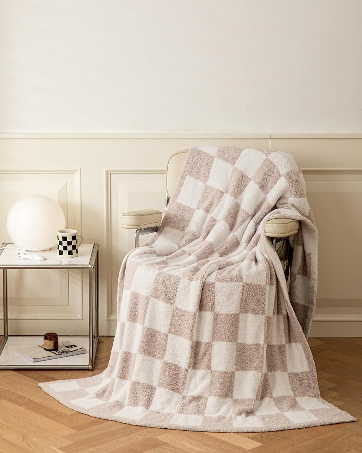 Ultra Soft Cozy Buffalo Checkerboard Grid Fluffy Microfiber Knitted Throw Blanket Lightweight Fleece Checkered Blanket for Sofa Couch Bed Travel Cream 51"X63"