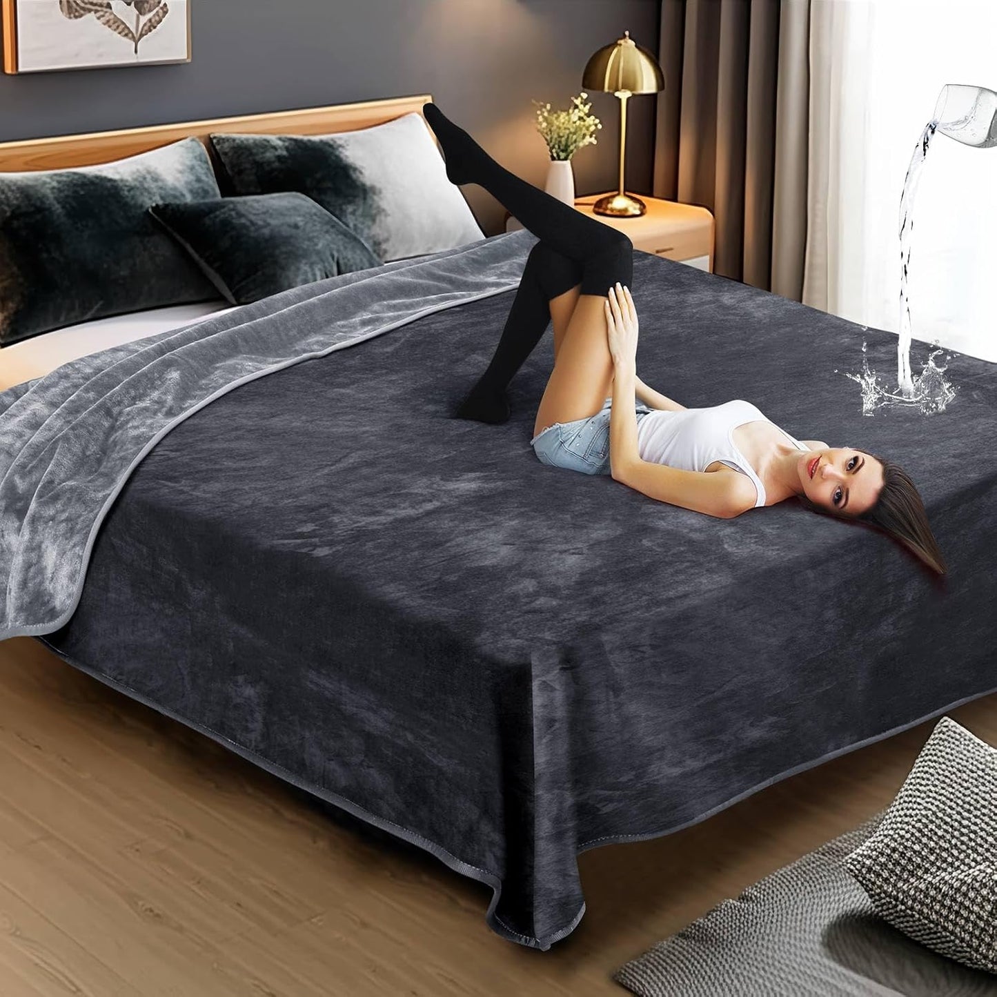 Love Waterproof Dark Gray and Light Gray Bed Blanket 40'' x 60'' with a Storage Bag, Double Sides Flannel Splash 3 Layer Lightweight Throw Size S Blanket Mattress Protector