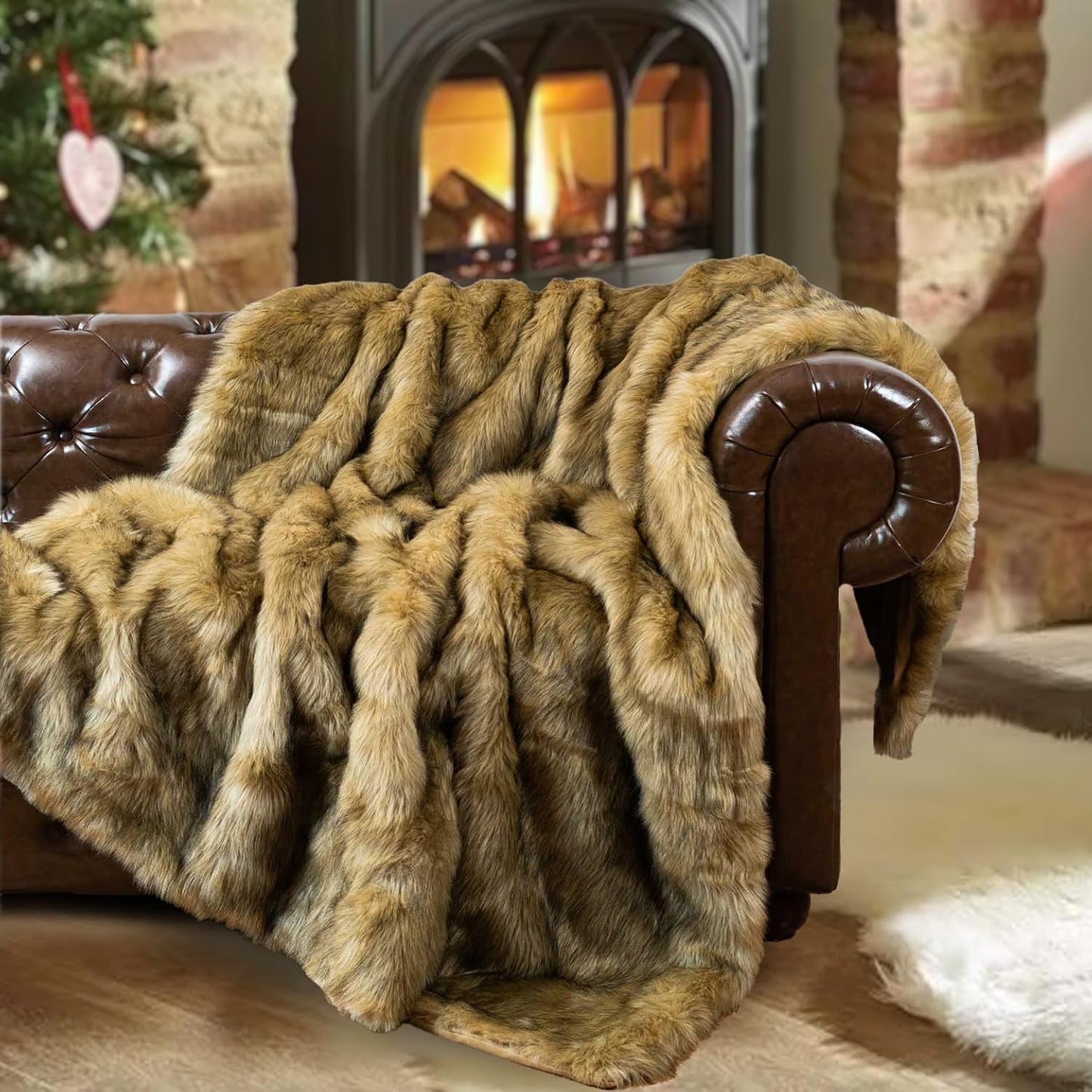 BATTILO HOME Ruched Luxury Faux Fur Throw Blanket Beige Tie-dye Rabbit Fur Blanket for Couch, Living Room, Fuzzy, Soft, Plush, Cozy, Elegant with Reversible Mink Blanket Beige, 60"x80"