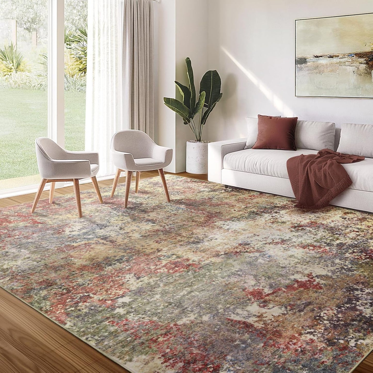Washable Area Rug for Living Room: 8x10 Modern Abstract Neutral Soft Rug for Bedroom Dining Room No Slip Low Pile Carpet for Nursery Home Office - Grey/Blue