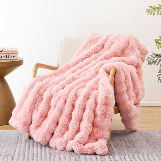 Smoofy Faux Fur Throw Blanket for Couch – Blush Pink Fluffy Cozy Rabbit Fleece, Plush Soft Bubble Blanket for Sofa & Bed, for Mom, Warm Fuzzy Home Room Decor Throw 50" x 60"