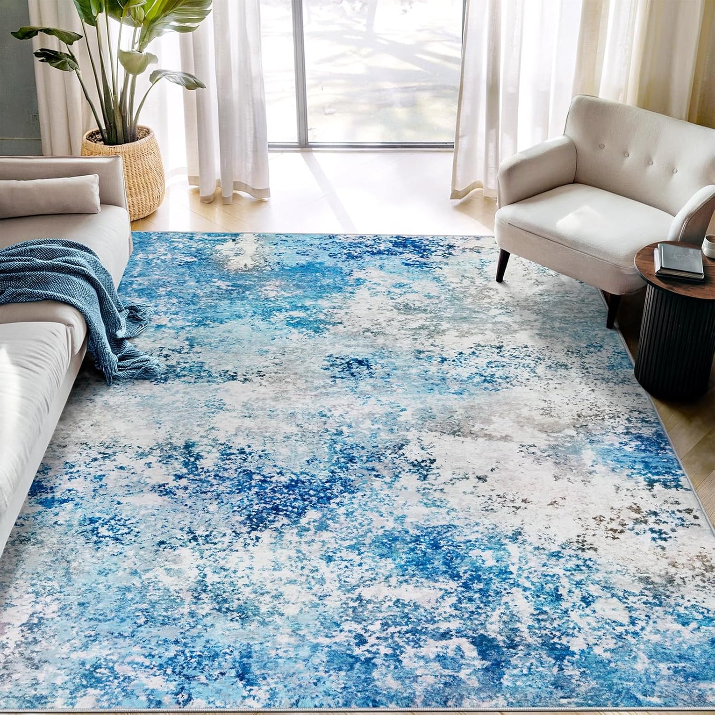 Washable Area Rug for Living Room: 8x10 Modern Abstract Neutral Soft Rug for Bedroom Dining Room No Slip Low Pile Carpet for Nursery Home Office - Grey/Blue
