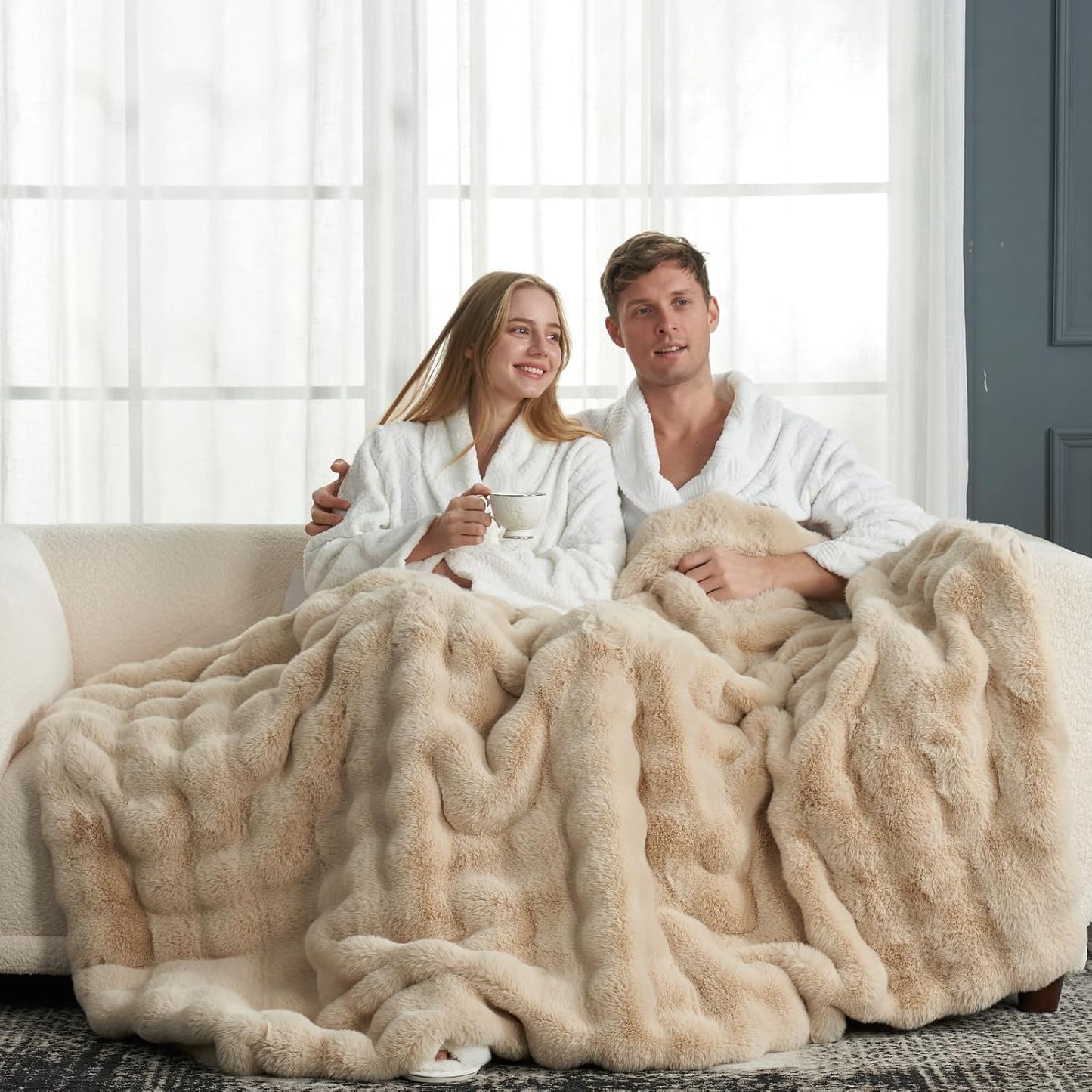 Cozy Bliss Faux Fur Throw Blanket for Couch, Fuzzy Soft Plush Thick Bubble Blanket for Sofa Bedroom Living Room, 50 * 60 Inches Tie-dye Taupe