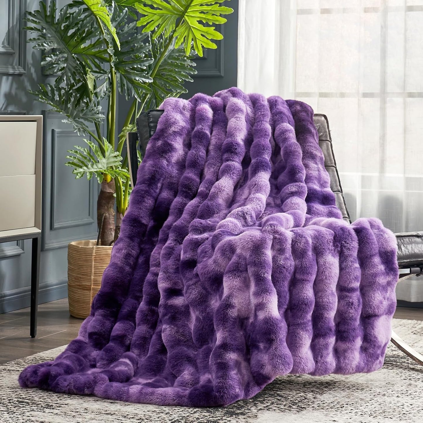 Cozy Bliss Faux Fur Throw Blanket for Couch, Fuzzy Soft Plush Thick Bubble Blanket for Sofa Bedroom Living Room, 50 * 60 Inches Tie-dye Taupe