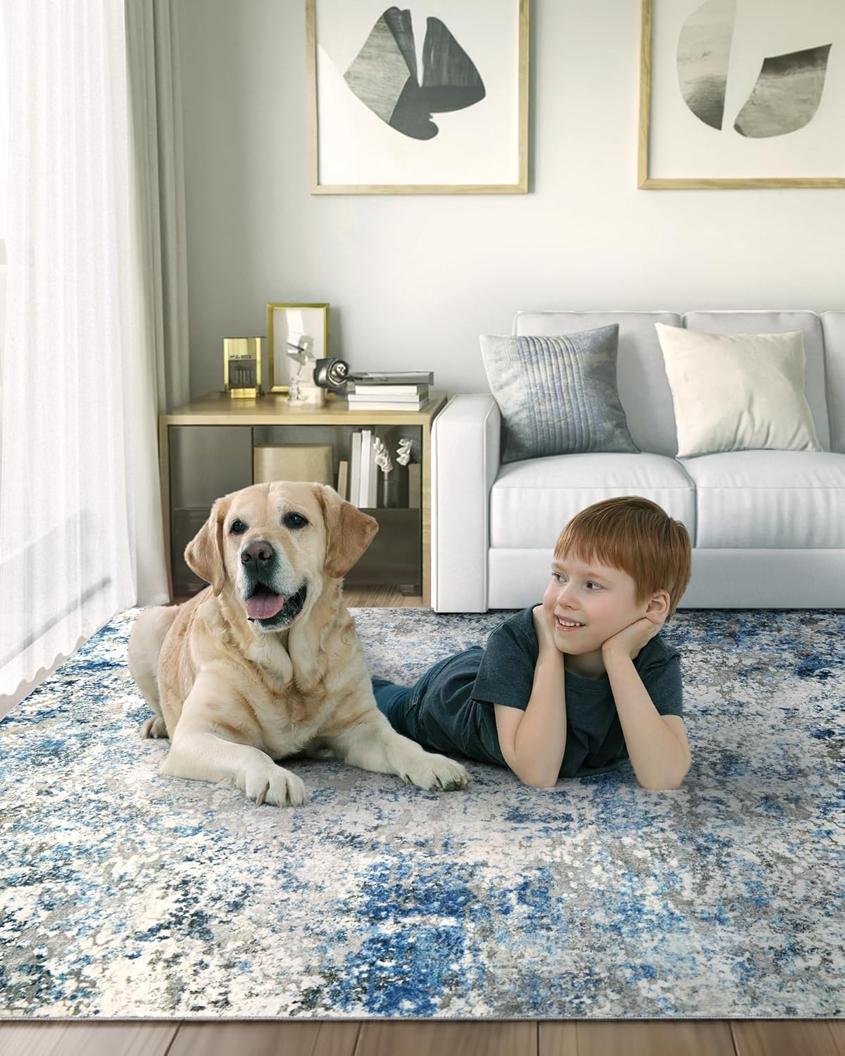 Washable Area Rug for Living Room: 8x10 Modern Abstract Neutral Soft Rug for Bedroom Dining Room No Slip Low Pile Carpet for Nursery Home Office - Grey/Blue
