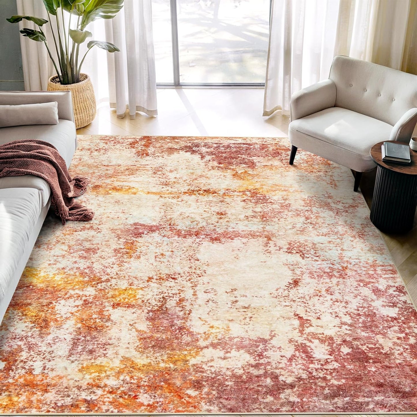 Washable Area Rug for Living Room: 8x10 Modern Abstract Neutral Soft Rug for Bedroom Dining Room No Slip Low Pile Carpet for Nursery Home Office - Grey/Blue