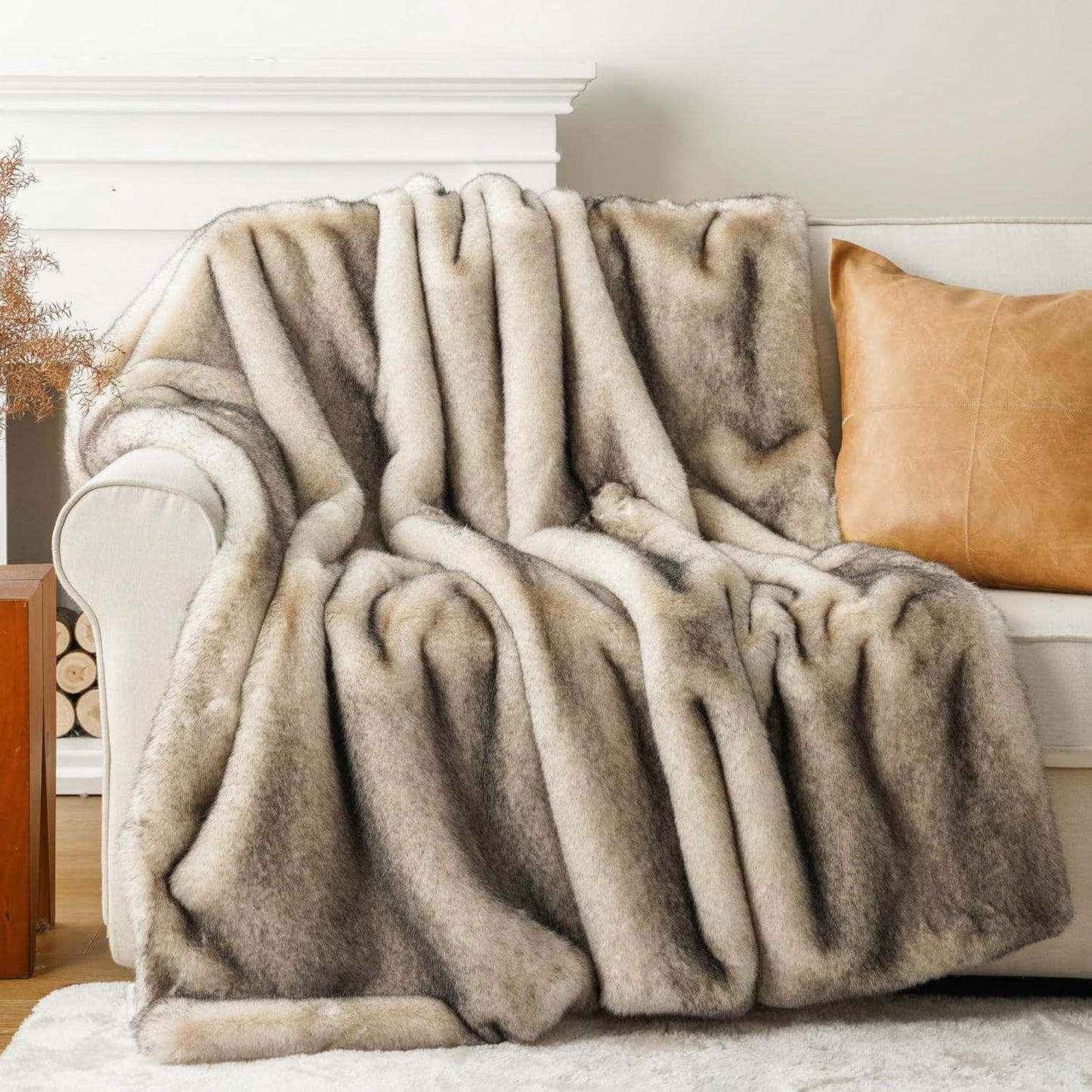 BATTILO HOME Ruched Luxury Faux Fur Throw Blanket Beige Tie-dye Rabbit Fur Blanket for Couch, Living Room, Fuzzy, Soft, Plush, Cozy, Elegant with Reversible Mink Blanket Beige, 60"x80"