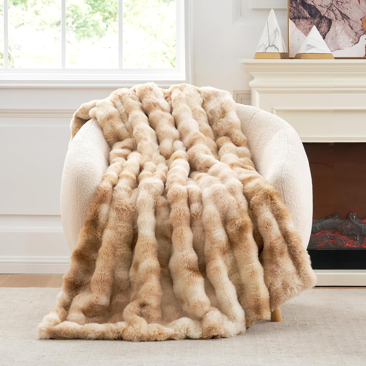 Cozy Bliss Faux Fur Throw Blanket for Couch, Fuzzy Soft Plush Thick Bubble Blanket for Sofa Bedroom Living Room, 50 * 60 Inches Tie-dye Taupe