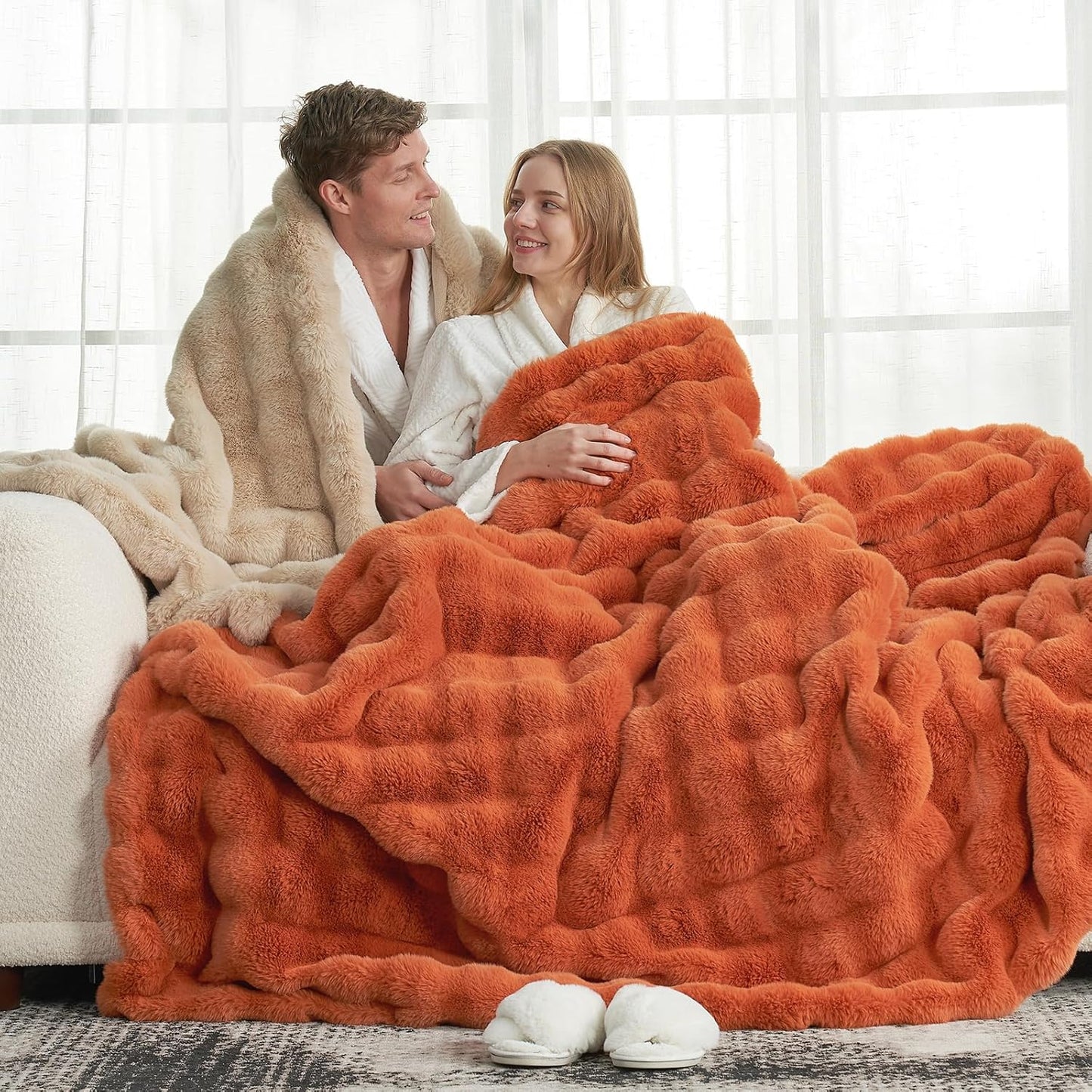 Cozy Bliss Faux Fur Throw Blanket for Couch, Fuzzy Soft Plush Thick Bubble Blanket for Sofa Bedroom Living Room, 50 * 60 Inches Tie-dye Taupe