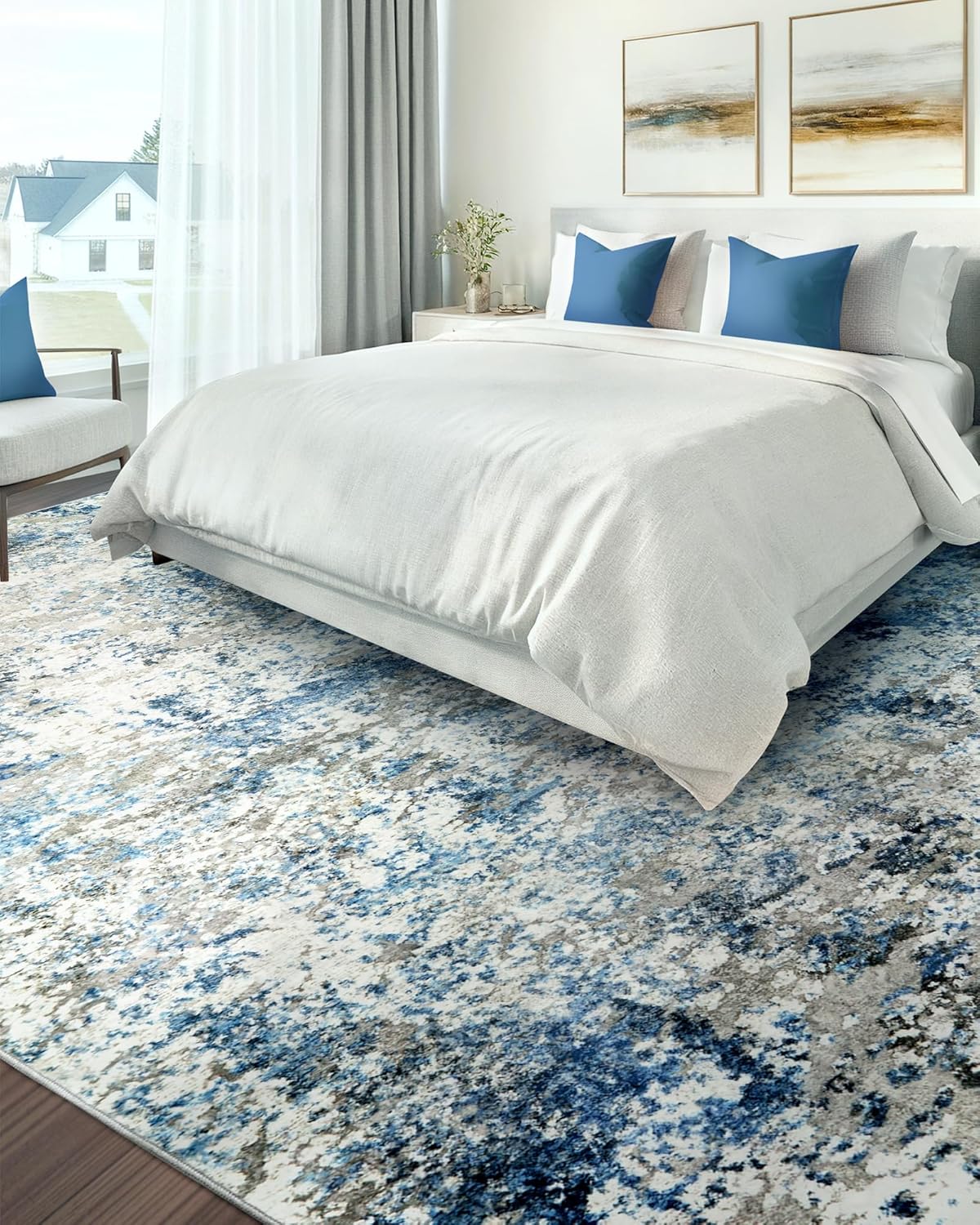 Washable Area Rug for Living Room: 8x10 Modern Abstract Neutral Soft Rug for Bedroom Dining Room No Slip Low Pile Carpet for Nursery Home Office - Grey/Blue