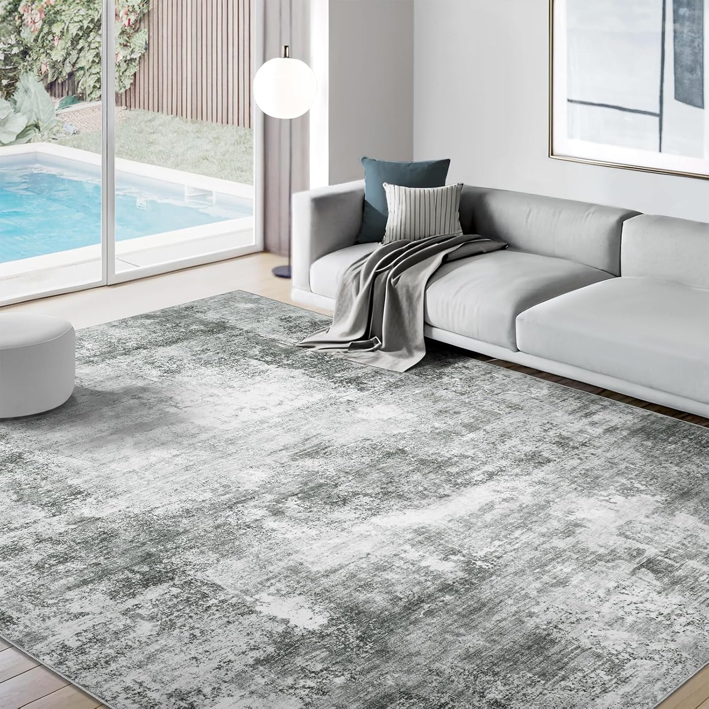 Washable Area Rug for Living Room: 8x10 Modern Abstract Neutral Soft Rug for Bedroom Dining Room No Slip Low Pile Carpet for Nursery Home Office - Grey/Blue
