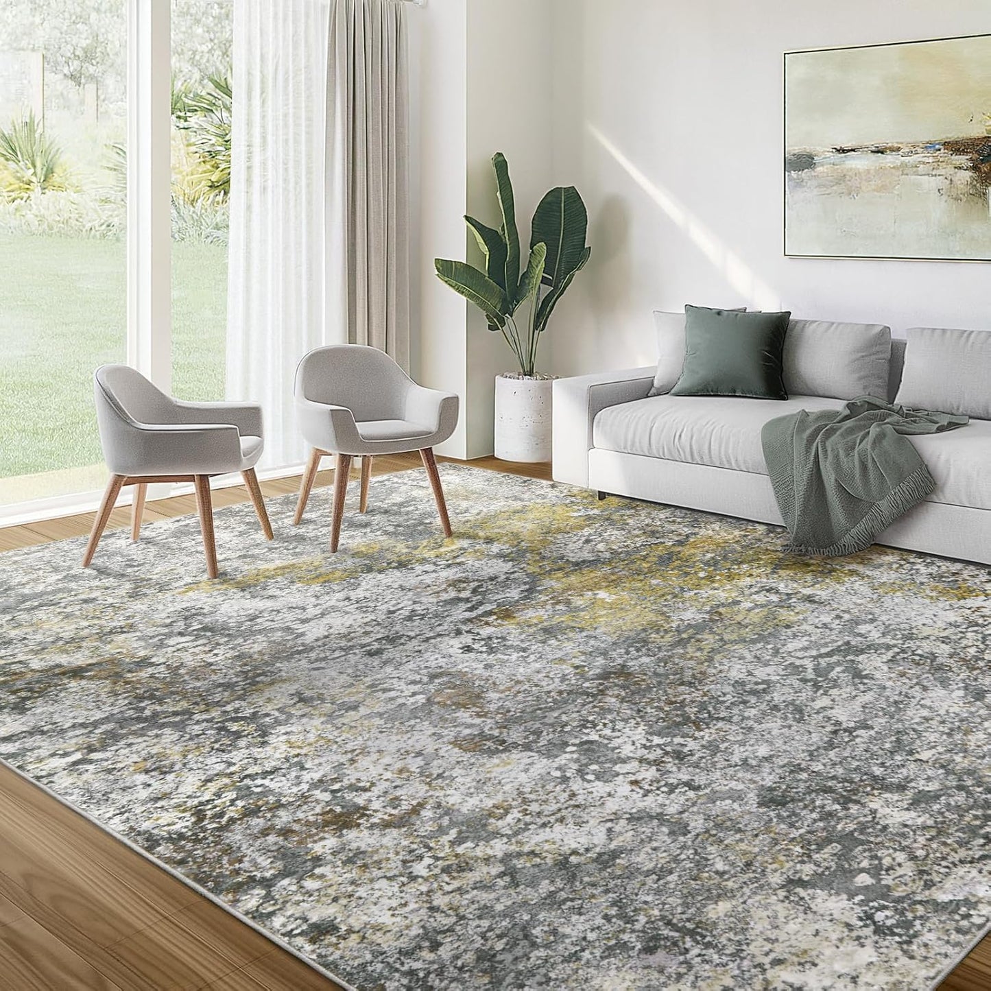 Washable Area Rug for Living Room: 8x10 Modern Abstract Neutral Soft Rug for Bedroom Dining Room No Slip Low Pile Carpet for Nursery Home Office - Grey/Blue