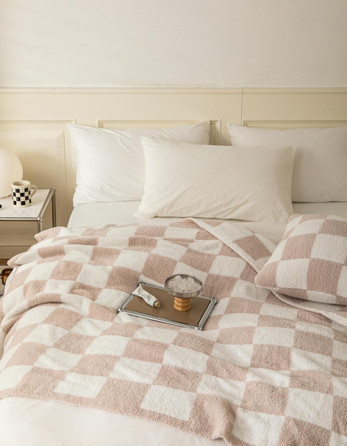 Ultra Soft Cozy Buffalo Checkerboard Grid Fluffy Microfiber Knitted Throw Blanket Lightweight Fleece Checkered Blanket for Sofa Couch Bed Travel Cream 51"X63"