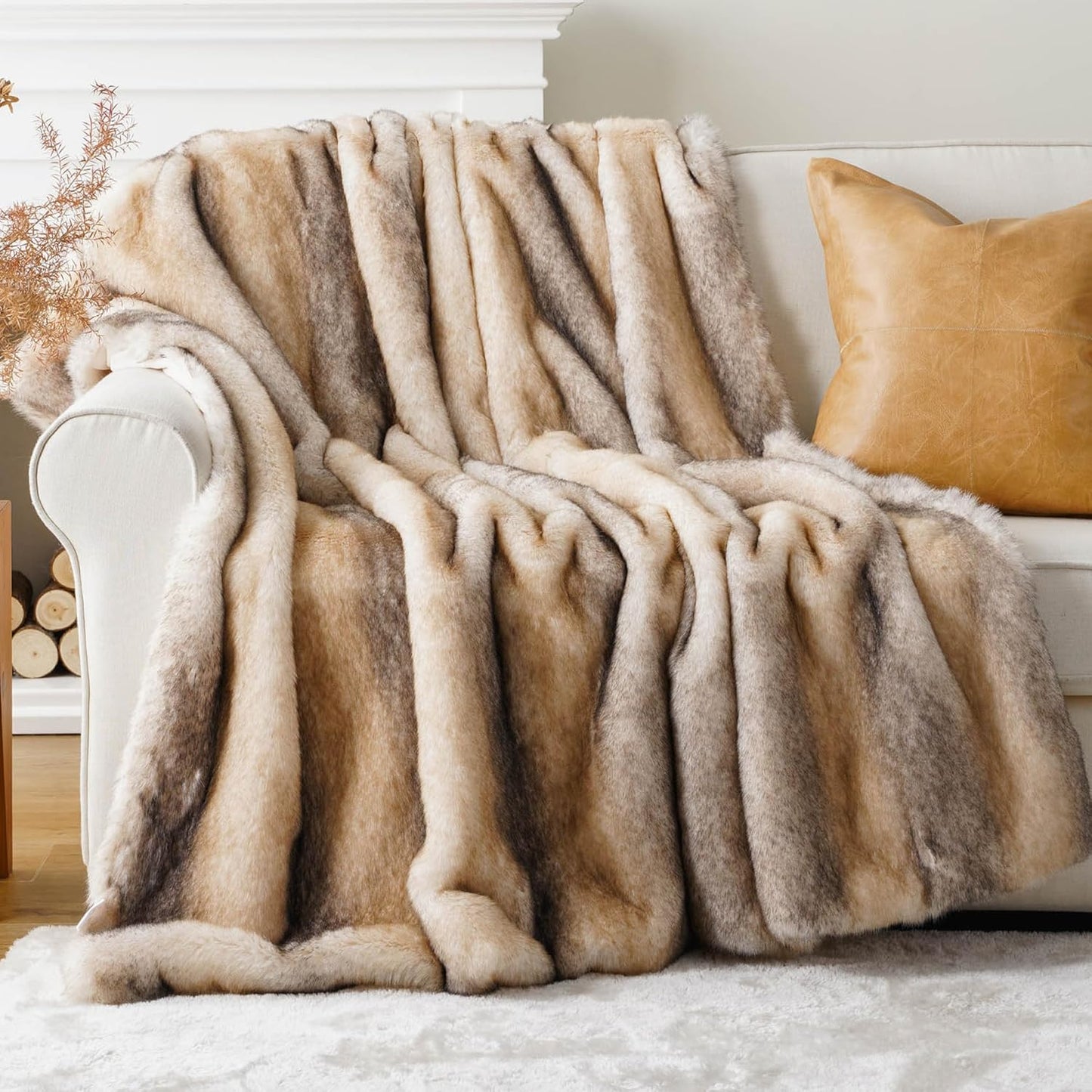 BATTILO HOME Ruched Luxury Faux Fur Throw Blanket Beige Tie-dye Rabbit Fur Blanket for Couch, Living Room, Fuzzy, Soft, Plush, Cozy, Elegant with Reversible Mink Blanket Beige, 60"x80"