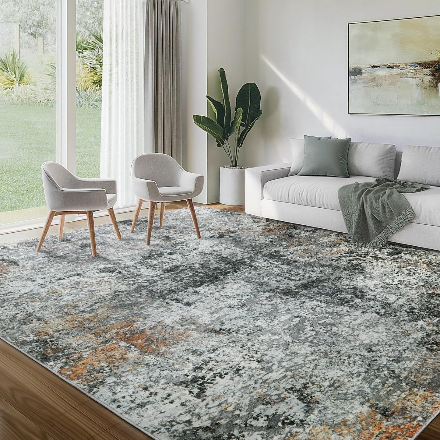 Washable Area Rug for Living Room: 8x10 Modern Abstract Neutral Soft Rug for Bedroom Dining Room No Slip Low Pile Carpet for Nursery Home Office - Grey/Blue