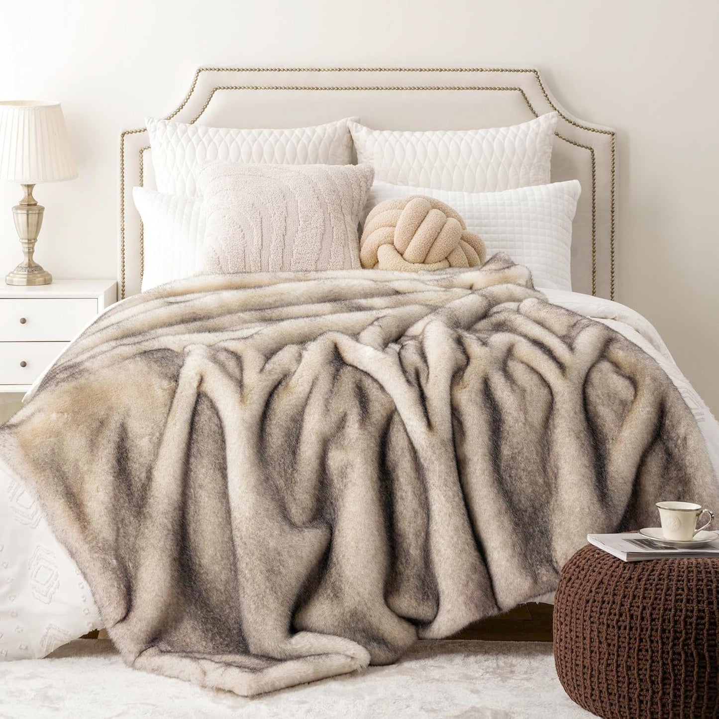 BATTILO HOME Ruched Luxury Faux Fur Throw Blanket Beige Tie-dye Rabbit Fur Blanket for Couch, Living Room, Fuzzy, Soft, Plush, Cozy, Elegant with Reversible Mink Blanket Beige, 60"x80"