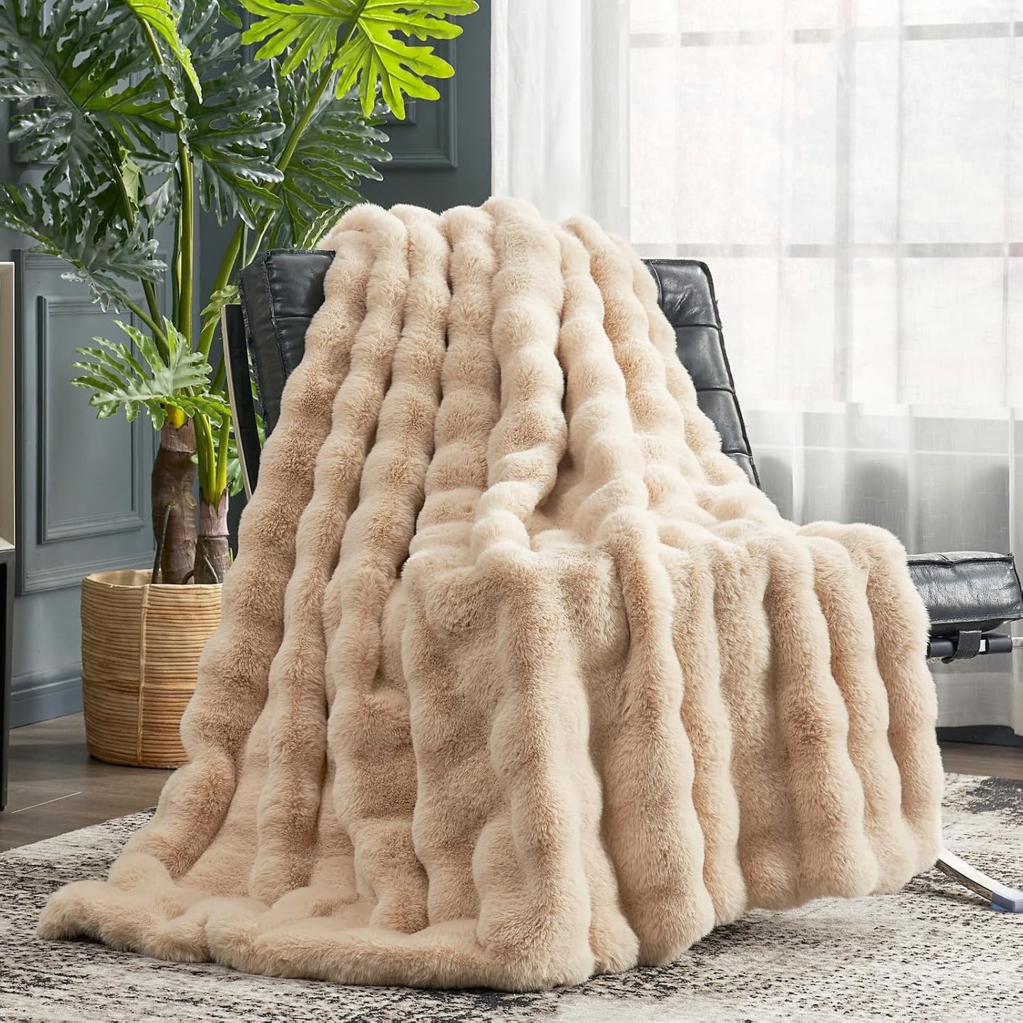 Cozy Bliss Faux Fur Throw Blanket for Couch, Fuzzy Soft Plush Thick Bubble Blanket for Sofa Bedroom Living Room, 50 * 60 Inches Tie-dye Taupe