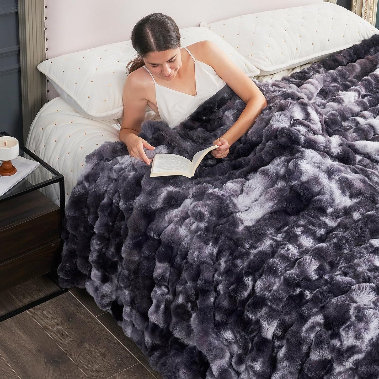 Cozy Bliss Faux Fur Throw Blanket for Couch, Fuzzy Soft Plush Thick Bubble Blanket for Sofa Bedroom Living Room, 50 * 60 Inches Tie-dye Taupe