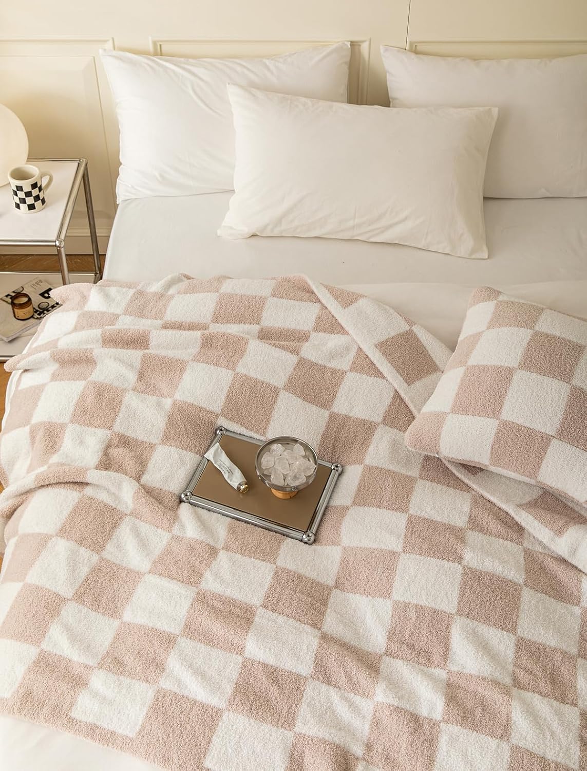 Ultra Soft Cozy Buffalo Checkerboard Grid Fluffy Microfiber Knitted Throw Blanket Lightweight Fleece Checkered Blanket for Sofa Couch Bed Travel Cream 51"X63"