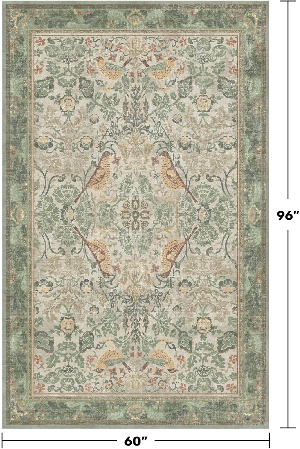 Washable Area Rugs 5x8 for Bedroom - Western Plant Rugs for Living Room, Dinning Room, Home Office, Playroom with Boho Light Green Botanical & Bird Pattern, Non Slip Stain Resistant Low Pile