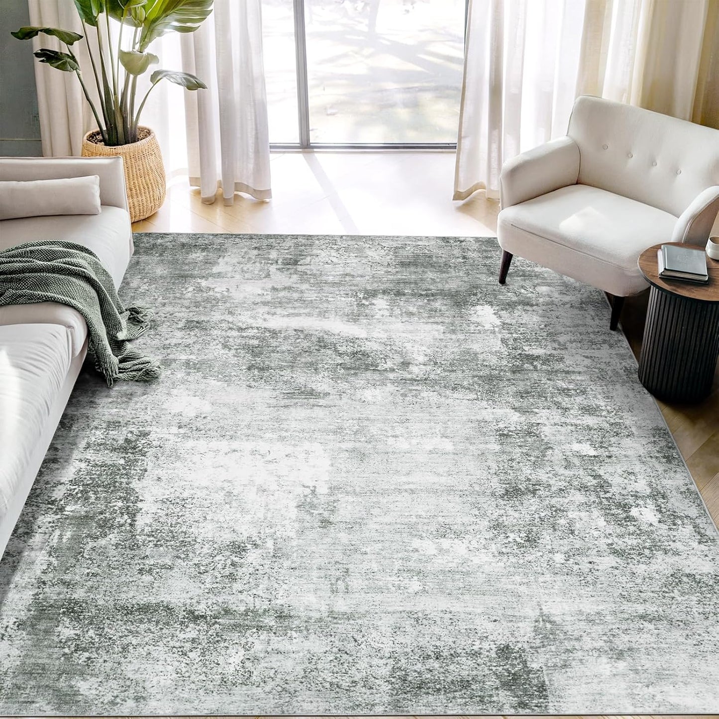 Washable Area Rug for Living Room: 8x10 Modern Abstract Neutral Soft Rug for Bedroom Dining Room No Slip Low Pile Carpet for Nursery Home Office - Grey/Blue